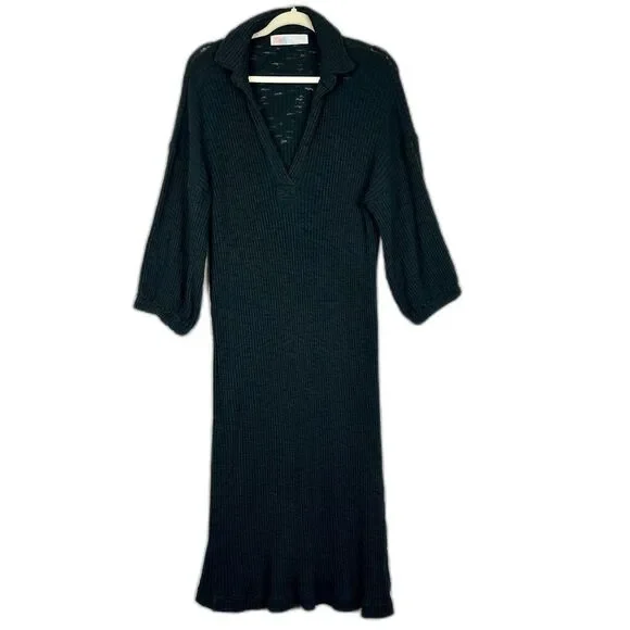 Free People Beach Pacific Maxi Dress Size Large Black V-Neck Collared Ribbed - Picture 2 of 7